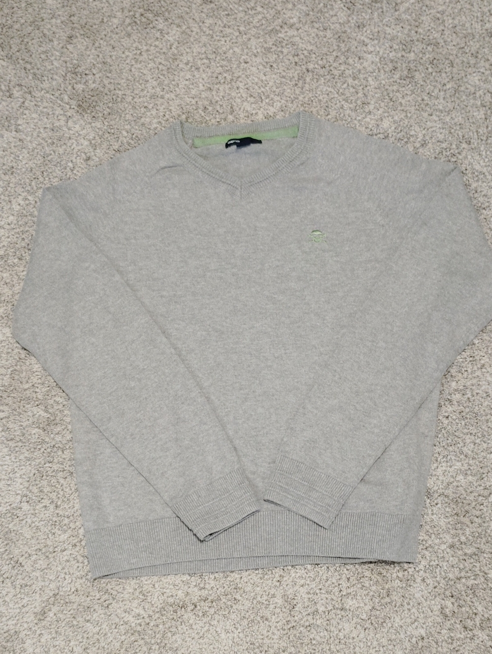 GAPkids Light Gray V-Neck Sweater with Green Logo Trim